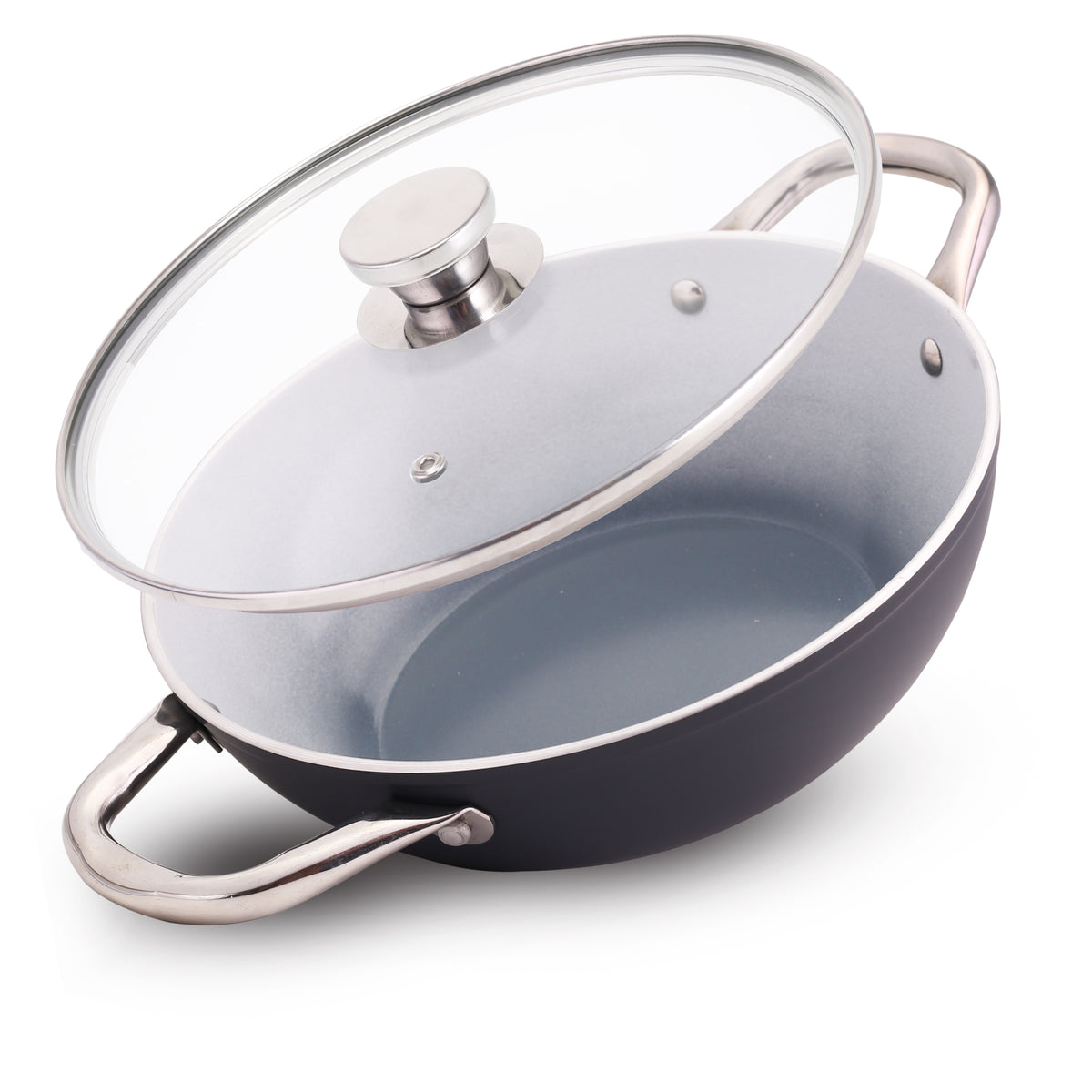 Eco-Glide Ceramic Kadhai 28cm with Glass Lid, 4.3Litre Non-toxic, Chemical Free, Low Oi...