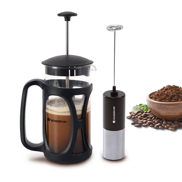 French Press Coffee Maker & Milk Frother Gift Combo | Brew in 3 Mins | Heat Resistant Borosilicate Glass Carafe | Battery-Operated Frother for Coffee, Hot Chocolate, etc.