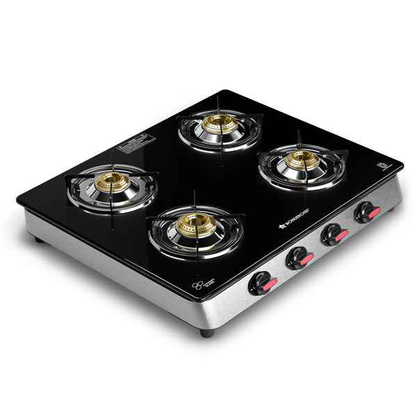 Galaxy Auto-Ignition 4 Brass Burner Cooktop, LPG Gas Stove for Kitchen, No Lighter Needed, ISI Toughened Glass Surface, SS Frame, Spill-proof Design, Ergonomic Knobs, 2-Yr Warranty