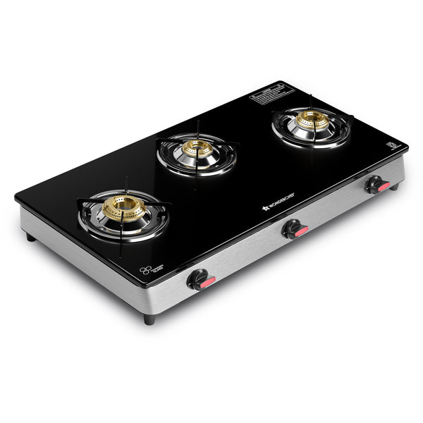 Regal 3 Brass Burner Cooktop, LPG Gas Stove for Kitchen, ISI Toughened Glass Surface, SS Frame, Spill-proof Design, Ergonomic Knobs, 2-Yr Warranty