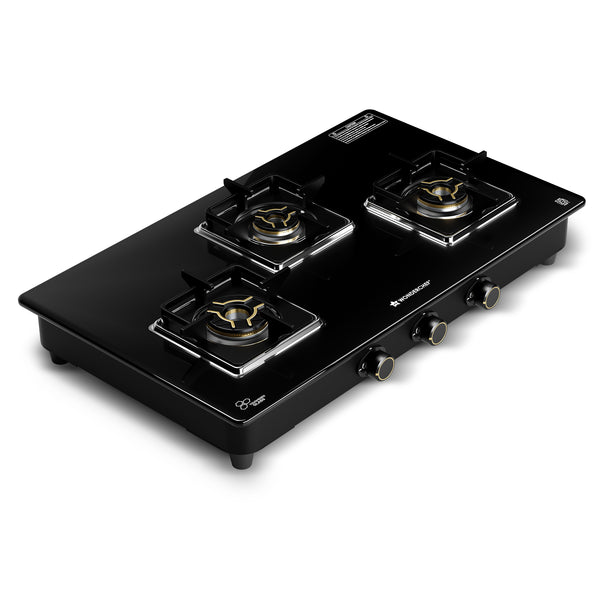 Royal 3 Brass Burner Cooktop, LPG Gas Stove for Kitchen, ISI-approved 8mm Toughened Glass Surface, 3D Brass Burners, Pan-support with Flame Guard, Spill-proof Design, 2-Yr Warranty