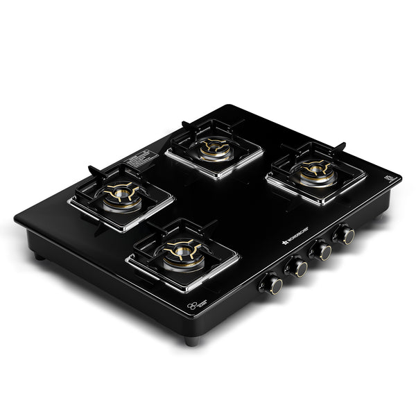 Royal 4 Brass Burner Cooktop, LPG Gas Stove for Kitchen, ISI-approved 8mm Toughened Glass Surface, 3D Brass Burners, Pan-support with Flame Guard, Spill-proof Design, 2-Yr Warranty