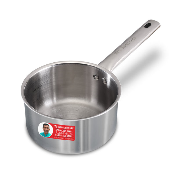 Stella Triply Stainless Steel Milk Pan | 16 cm, 1.7 Litres | Compatible with Gas Stove, Induction, Ceramic Cooktop | Non-toxic | Uniform Heating | Heavy-duty Handle | 10-year Warranty