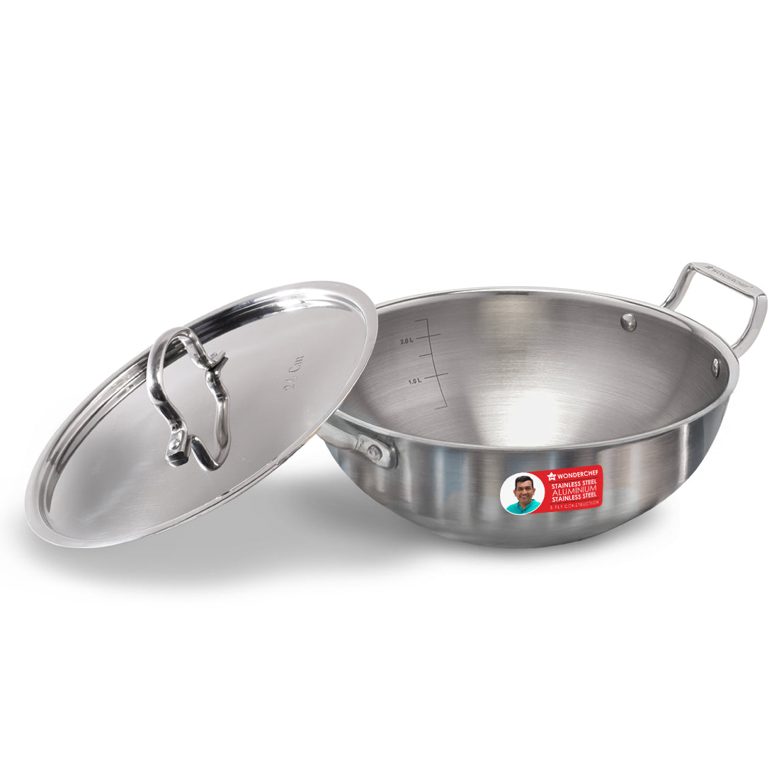 Stella Triply Stainless Steel Kadhai with Lid | 24 cm, 3 Litres | Compatible with Gas S...