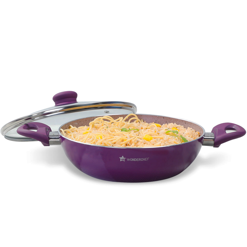 Royal Velvet Non-stick 24cm Kadhai with Lid and Handles | Glass Lid | Induction Ready | Soft-touch handles |Non – Toxic I Virgin Aluminium| 3 mm thick | 2 year warranty | Purple