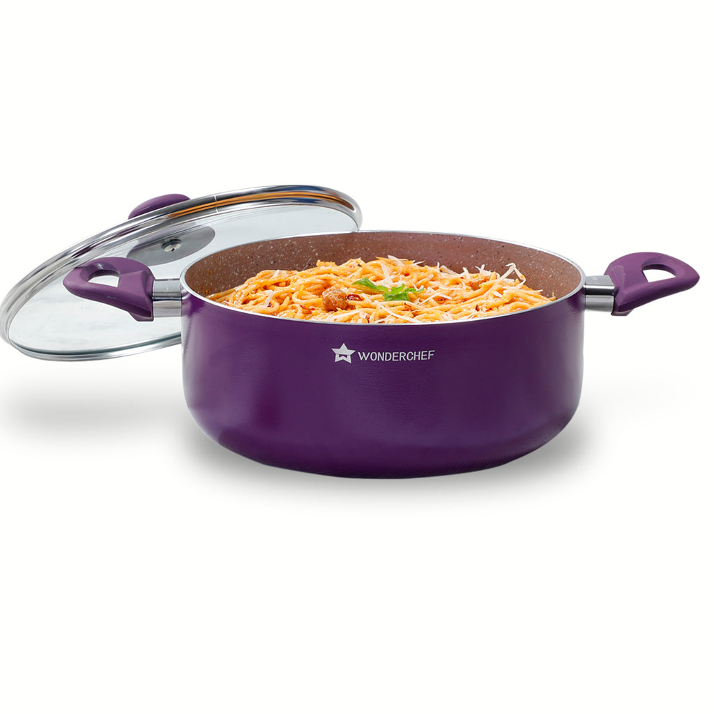 Royal Velvet 24cm Casserole with Glass Lid I Induction Ready | Soft-touch handles |Non – Toxic I Virgin Aluminium| 3 mm thick | 4.5 litres | 2 year warranty | Purple