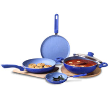 Load image into Gallery viewer, Royal Velvet Non-stick Cookware Set, 5Pc (Fry Pan with Lid, Wok, Dosa Tawa, Mini Fry Pan) Induction Bottom, Soft-touch Handles, Virgin Grade Aluminium, PFOA/Heavy Metals Free, 3mm, 2 Years Warranty, Blue