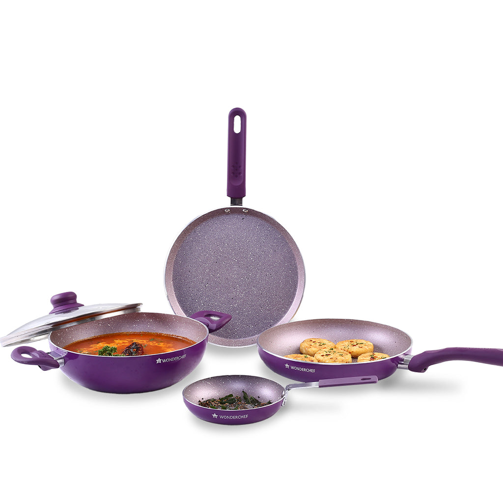 Royal Velvet Non-stick 5-piece Cookware Set (Fry Pan with Lid, Wok, Dosa Tawa, Mini Fry Pan) | Induction Ready | Soft-touch handles |Non – Toxic I Virgin Aluminium | 3 mm thick | 2 years warranty | Purple