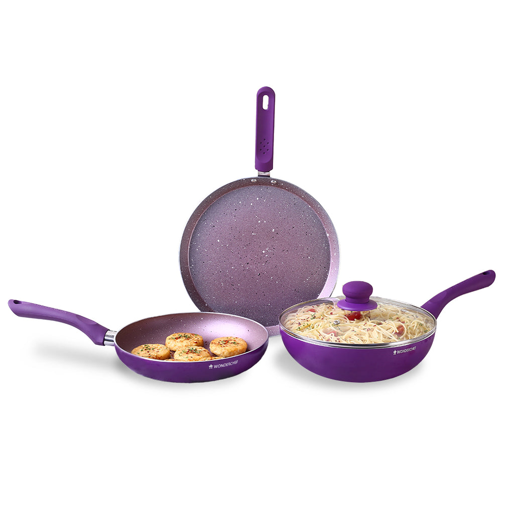 Royal Velvet Non-stick Cookware Set, 4Pc (Fry Pan with Lid, Wok, Dosa Tawa) 3mm, 2 Years Warranty, Purple