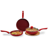 Royal Velvet Non-stick Cookware Set, 4Pc (Fry Pan with Lid, Wok, Dosa Tawa), Induction Bottom, Soft-touch Handles, Virgin Grade Aluminium, PFOA/Heavy Metals Free, 3mm, 2 Years Warranty, Red
