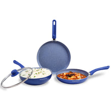 Load image into Gallery viewer, Royal Velvet Non-stick Cookware Set, 4Pc (Fry Pan with Lid, Wok, Dosa Tawa) Induction Bottom, Soft-touch Handles, Virgin Grade Aluminium, PFOA/Heavy Metals Free, 3mm, 2 Years Warranty, Blue
