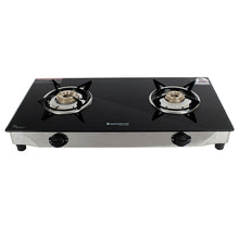 Load image into Gallery viewer, Energy 2 Burner Glass Cooktop, Black 8mm Toughened Glass  with 1 Year Warranty, Soft Touch Knobs, Efficient Brass Burners, Stainless Steel Double Drip Tray