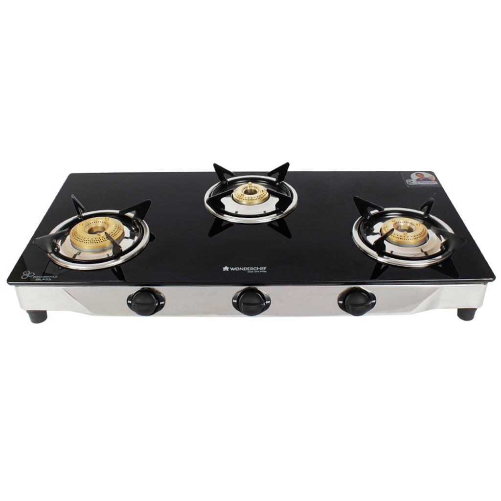 Energy 3 Burner Glass Cooktop, Black 8mm Toughened Glass  with 1 Year Warranty, Soft Touch Knobs, Efficient Brass Burners, Stainless Steel Double Drip Tray