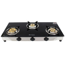 Load image into Gallery viewer, Energy 3 Burner Glass Cooktop, Black 8mm Toughened Glass  with 1 Year Warranty, Soft Touch Knobs, Efficient Brass Burners, Stainless Steel Double Drip Tray