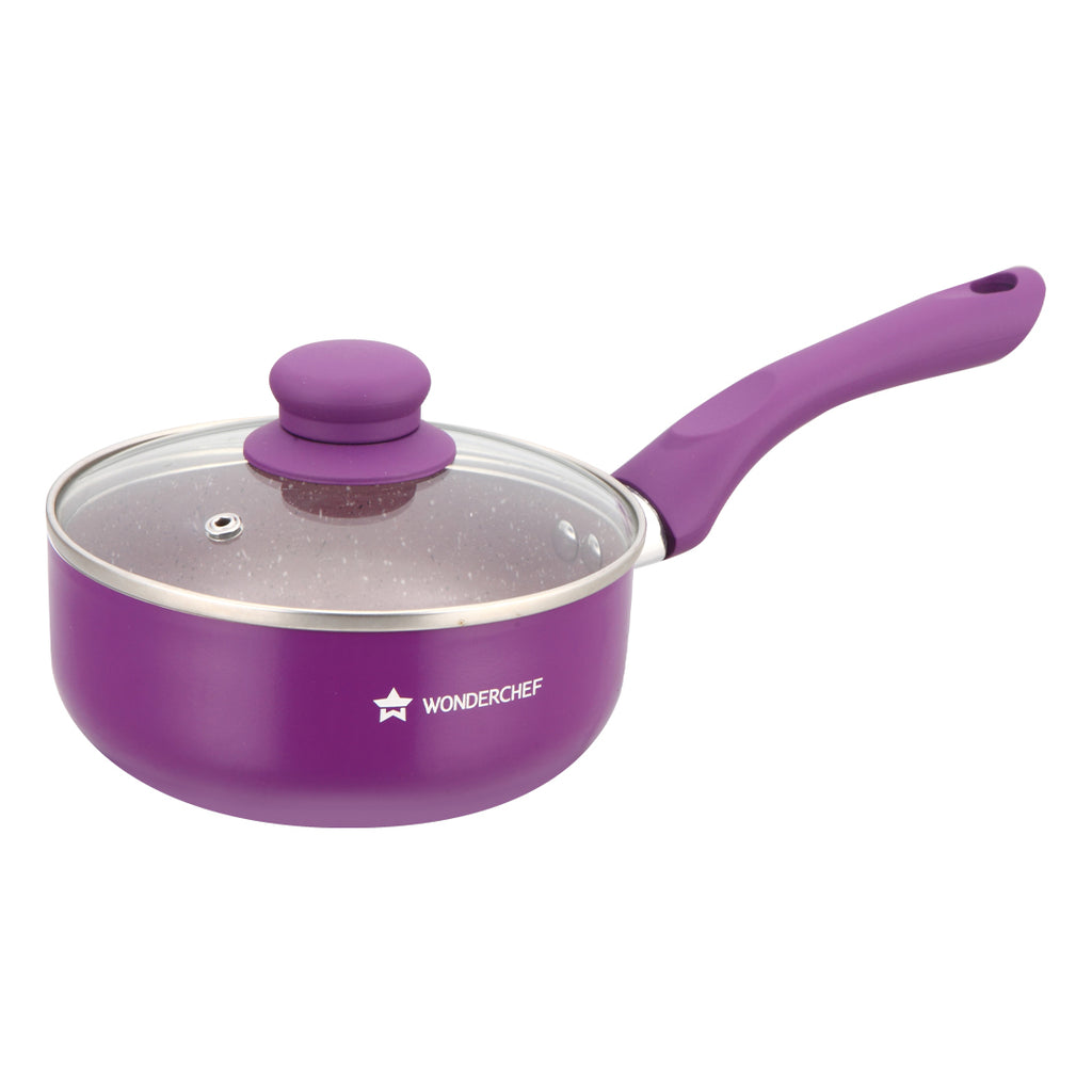 Royal Velvet 18cm Sauce pan with Glass Lid I Induction Ready | Soft-touch handles |Non – Toxic I Virgin Aluminium| 3 mm thick | 2 litres | 2 year warranty | Purple