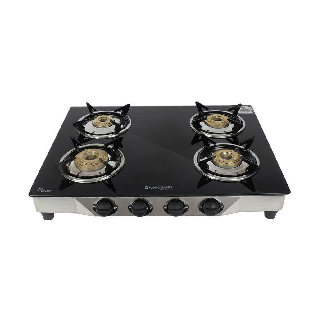 Energy 4 Burner Glass Cooktop, Black 8mm Toughened Glass  with 1 Year Warranty, Soft Touch Knobs, Efficient Brass Burners, Stainless Steel Double Drip Tray
