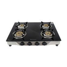 Load image into Gallery viewer, Energy 4 Burner Glass Cooktop, Black 8mm Toughened Glass  with 1 Year Warranty, Soft Touch Knobs, Efficient Brass Burners, Stainless Steel Double Drip Tray