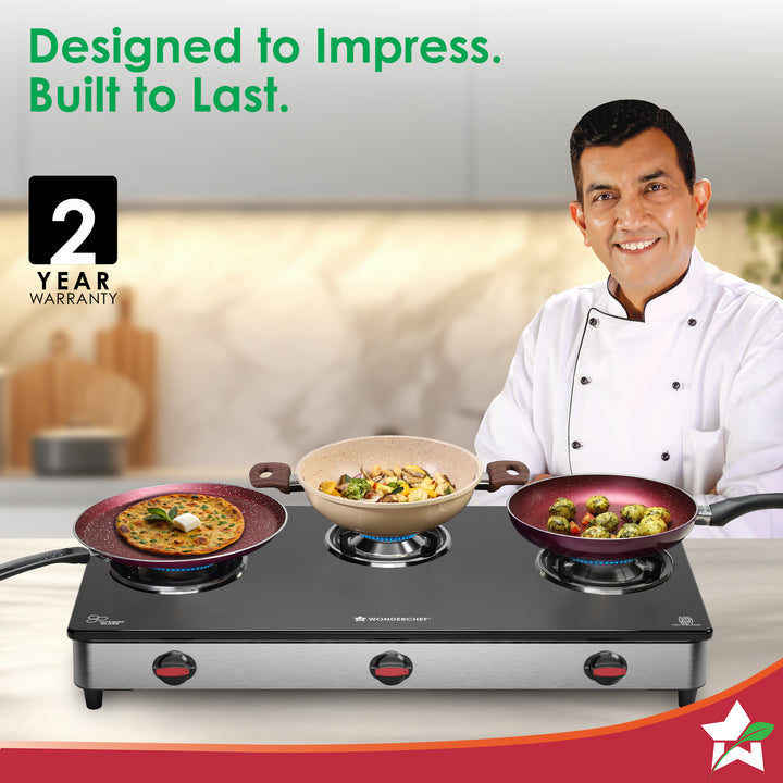 Wonderchef Galaxy 3-Burner Gas Stove | Auto-Ignition Easy Cooking