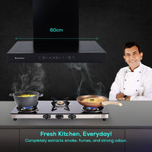 Load image into Gallery viewer, Ultima D-Lite 60cm 1400 m3/hr Auto Clean Curved Glass Chimney | Baffle Filter | 1400M3/Hr powerful suction | Touch + 3 speed Motion Sensor control | Low Noise | 7 Year Warranty | Black