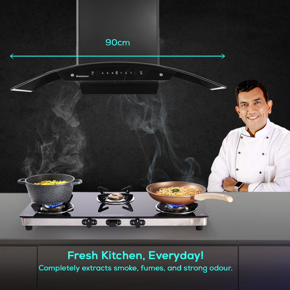 Ultima C-Line 90cm 1400 m3/hr Auto Clean Curved Glass Chimney | Baffle Filter | 1400M3/Hr powerful suction | Touch + 3 speed Motion Sensor control | Low Noise | 7 Year Warranty on Motor | Black