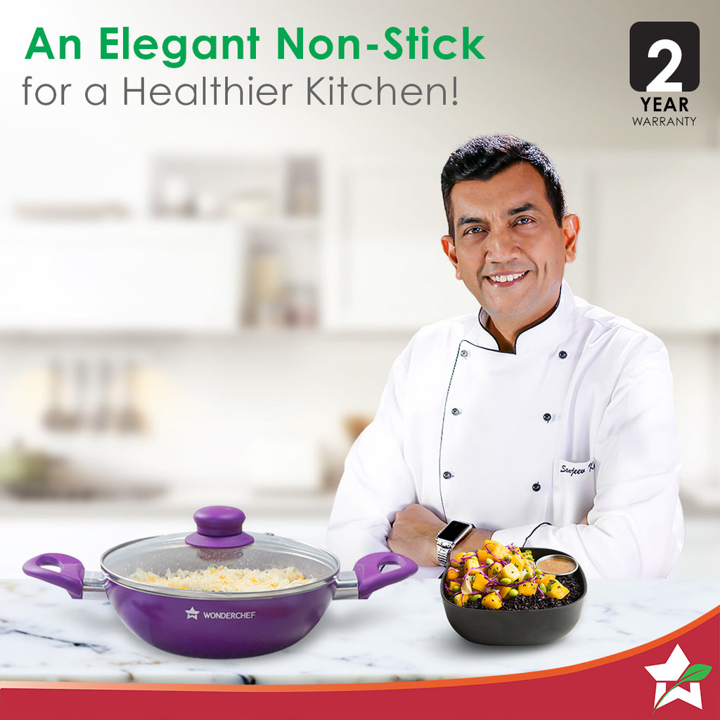 Royal Velvet Non-stick 24cm Kadhai with Lid and Handles | Glass Lid | Induction Ready | Soft-touch handles |Non – Toxic I Virgin Aluminium| 3 mm thick | 2 year warranty | Purple