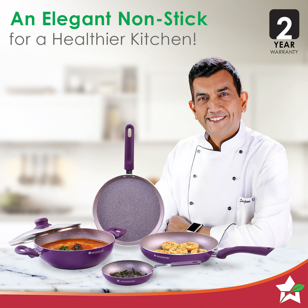 Royal Velvet Non-stick 5-piece Cookware Set (Fry Pan with Lid, Wok, Dosa Tawa, Mini Fry Pan) | Induction Ready | Soft-touch handles |Non – Toxic I Virgin Aluminium | 3 mm thick | 2 years warranty | Purple