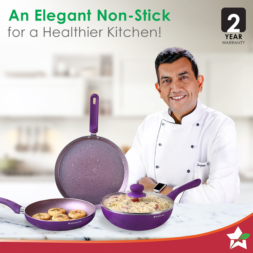 Royal Velvet Non-stick Cookware Set, 4Pc (Fry Pan with Lid, Wok, Dosa Tawa) 3mm, 2 Years Warranty, Purple