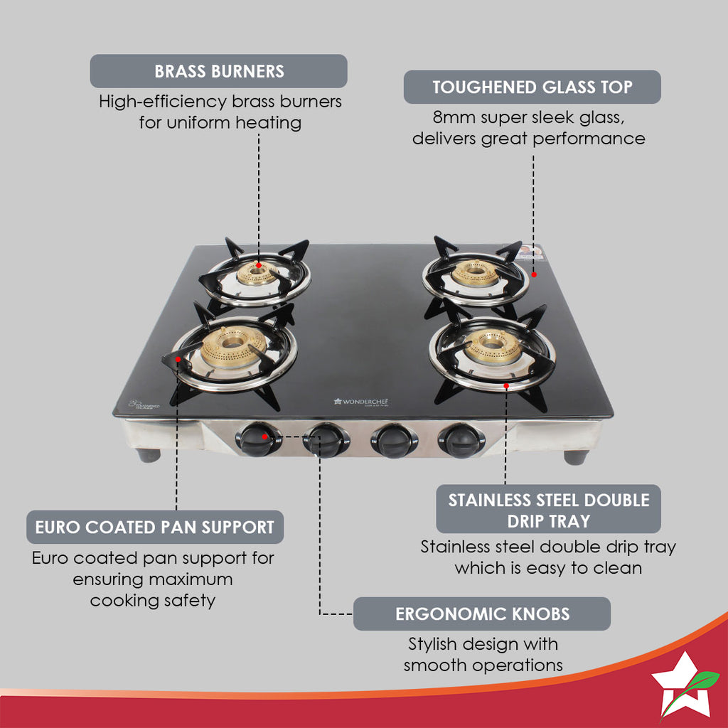 Energy 4 Burner Glass Cooktop, Black 8mm Toughened Glass  with 1 Year Warranty, Soft Touch Knobs, Efficient Brass Burners, Stainless Steel Double Drip Tray