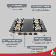 Load image into Gallery viewer, Energy 4 Burner Glass Cooktop, Black 8mm Toughened Glass  with 1 Year Warranty, Soft Touch Knobs, Efficient Brass Burners, Stainless Steel Double Drip Tray