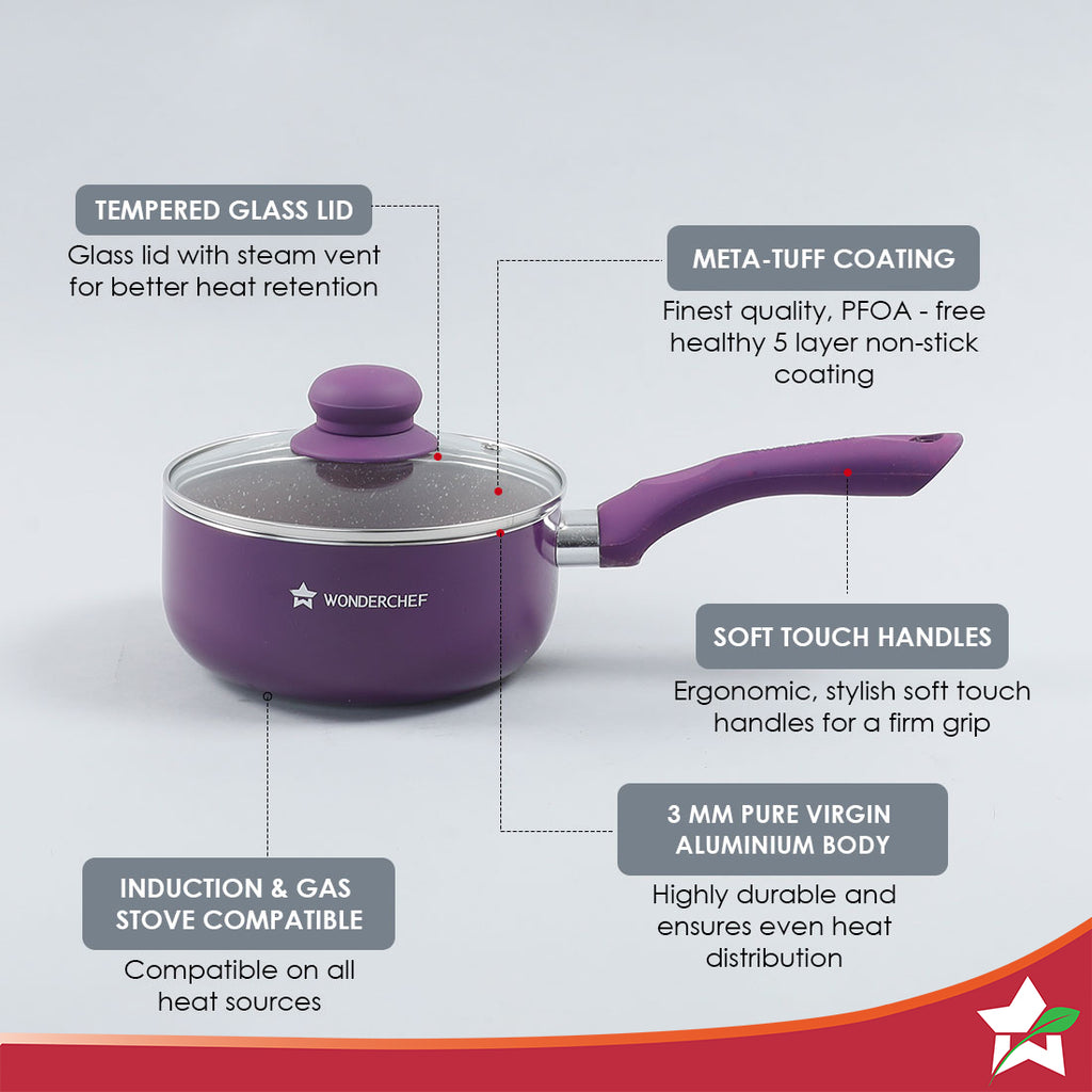 Royal Velvet 18cm Sauce pan with Glass Lid I Induction Ready | Soft-touch handles |Non – Toxic I Virgin Aluminium| 3 mm thick | 2 litres | 2 year warranty | Purple