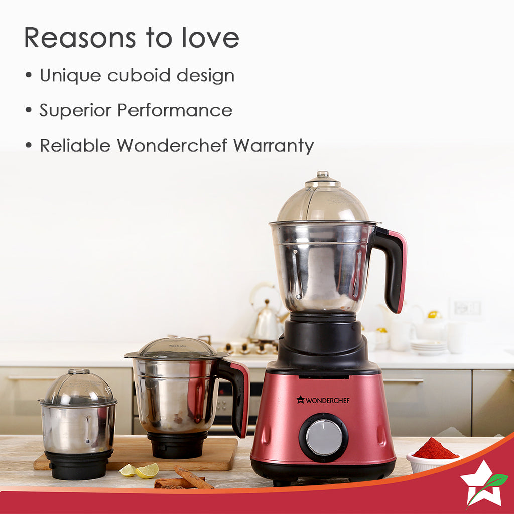 Sumo Mixer Grinder-600W With 3 Stainless Steel Jars and Anti-Rust Stainless Steel Blades, Ergonomic Handles, 5 Years Warranty on Motor, Red and Black