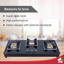 Load image into Gallery viewer, Octavia 3 Burner Glass Hob Top Auto Cooktop | 8mm Toughened Glass | Auto Ignition | Forged Brass Burners | Stainless Steel Drip Tray | Anti-Skid Legs | Large &amp; Heavy Pan support | LPG compatible | Black steel frame | 2 Year Warranty | Black