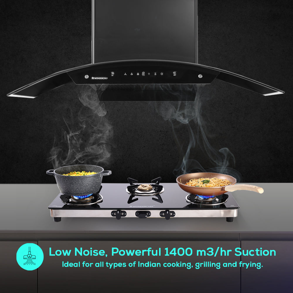 Ultima C-Line| 90cm |1200 m3/hr| Auto Clean| Curved Glass Chimney | Baffle Filter | Powerful Suction | Touch Control|3 Speed Motion Sensor Technology| Low Noise| 7 Year Warranty | Black