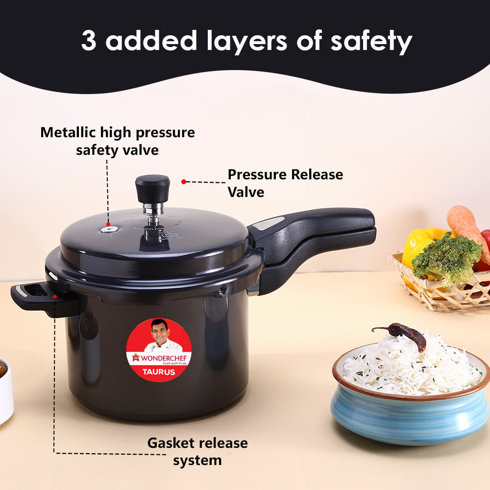 Taurus Hard Anodized 5L Outer Lid Pressure Cooker, SS Lid, Soft Touch Handles for Durability,  Induction Friendly, Black, 5 year warranty, ISI Certified