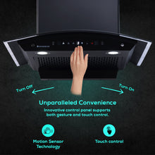 Load image into Gallery viewer, Ultima C-Line 60cm 1400 m3/hr Auto Clean Curved Glass Chimney | Baffle Filter | 1400M3/Hr powerful suction | Touch + 3 speed Motion Sensor control | Low Noise | 7 Year Warranty on Motor | Black