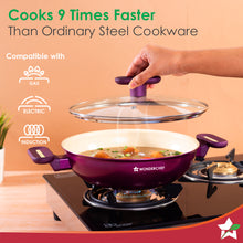Load image into Gallery viewer, Wonderchef Bellagio Kadhai with Lid | Non-Stick Ceramic Coating | Non-Toxic | Pure Aluminium | PFAS and PFOA Free | 3mm Thickness | Two-Tone Soft-Touch Handles and Knob | Firm Grip | 2 Years Warranty