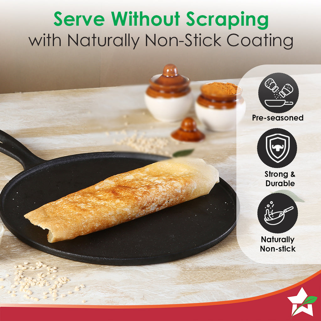 Forza Cast-Iron 27 cm Dosa Tawa Pan | Pre-Seasoned Cookware | Induction Friendly | 4 mm | With Lifetime Exchange Warranty