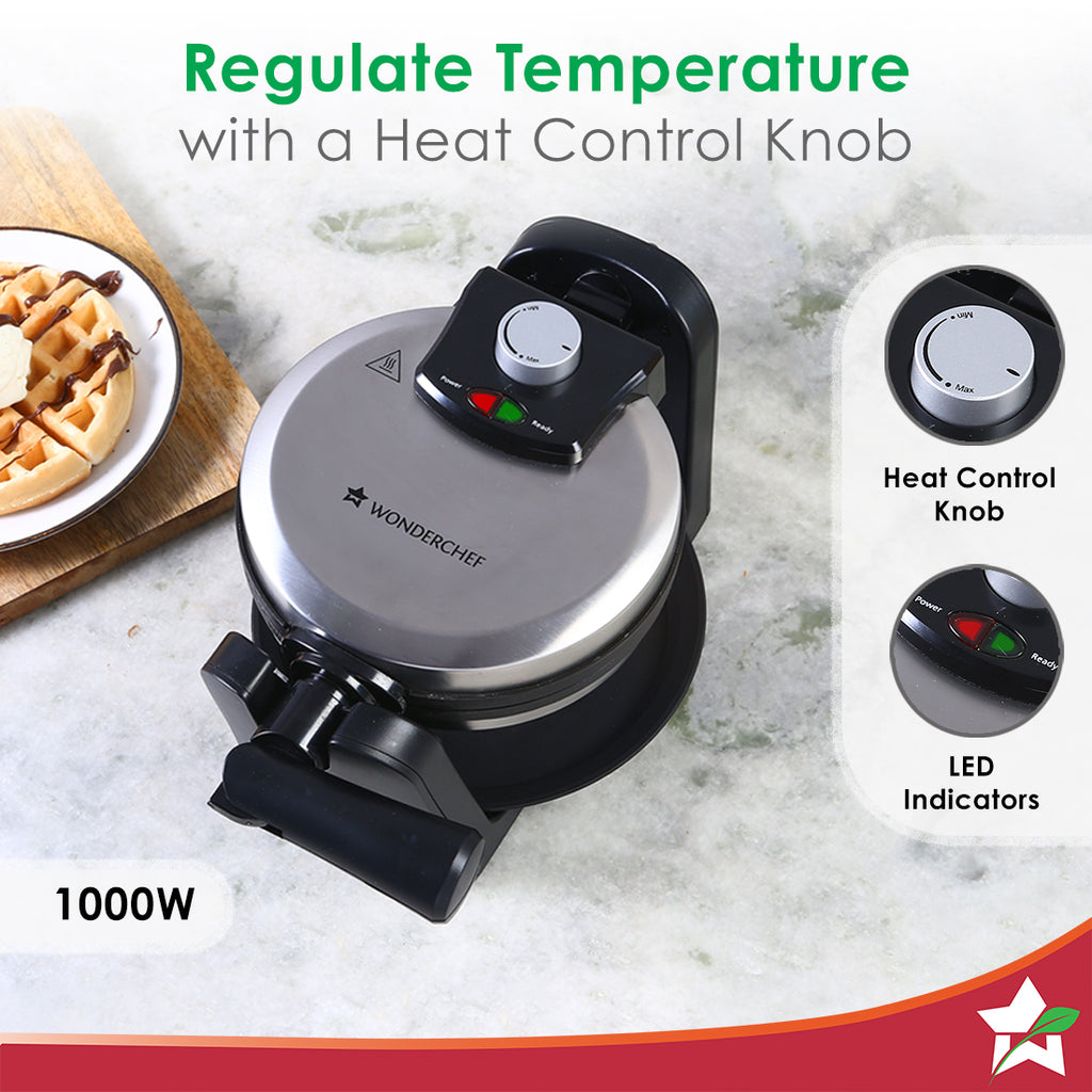 1000 Watt Belgian Waffle Maker | Non-stick Plates| Adjustable Temperature Control | Stainless Steel Body | 180 Degree Rotating Function For Uniform Baking | 1 Year Warranty | Steel & Black