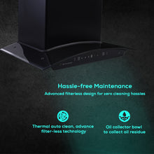 Load image into Gallery viewer, Ultima C-Line 60cm 1400 m3/hr Auto Clean Curved Glass Chimney | Baffle Filter | 1400M3/Hr powerful suction | Touch + 3 speed Motion Sensor control | Low Noise | 7 Year Warranty on Motor | Black