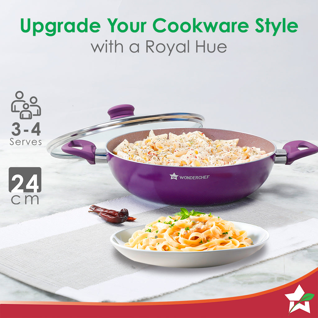 Royal Velvet Non-stick 24cm Wok with Lid and Handles | Glass Lid | Induction Ready | Soft-touch handles |Non – Toxic I Virgin Aluminium| 3 mm thick | 2 year warranty | Purple