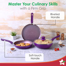 Load image into Gallery viewer, Royal Velvet Non-stick Cookware Set, 4Pc (Fry Pan with Lid, Wok, Dosa Tawa) 3mm, 2 Years Warranty, Purple