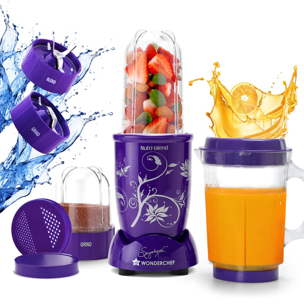 Nutri-blend Juicer, Mixer, Grinder, Blender & Smoothie Maker | 500W 22000 RPM 100% Full Copper Motor | Stainless steel Blades | 3 unbreakable jars | 2 Years warranty | Recipe book by Chef Sanjeev Kapoor | Purple