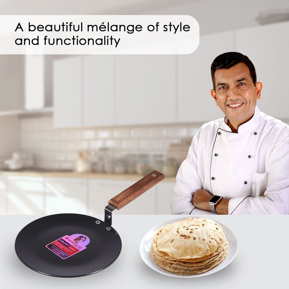 Ebony 28 cm Roti Tawa | Induction Bottom | Wooden Handle| Hard Anodized Aluminium | Non Stick Tawa | 4.06 mm| 5 Years Warranty | Black