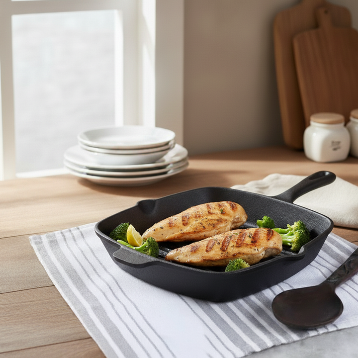 Forza Cast-iron 26 cm Grill Pan, Pre-Seasoned Cookware, Induction Friendly, mm