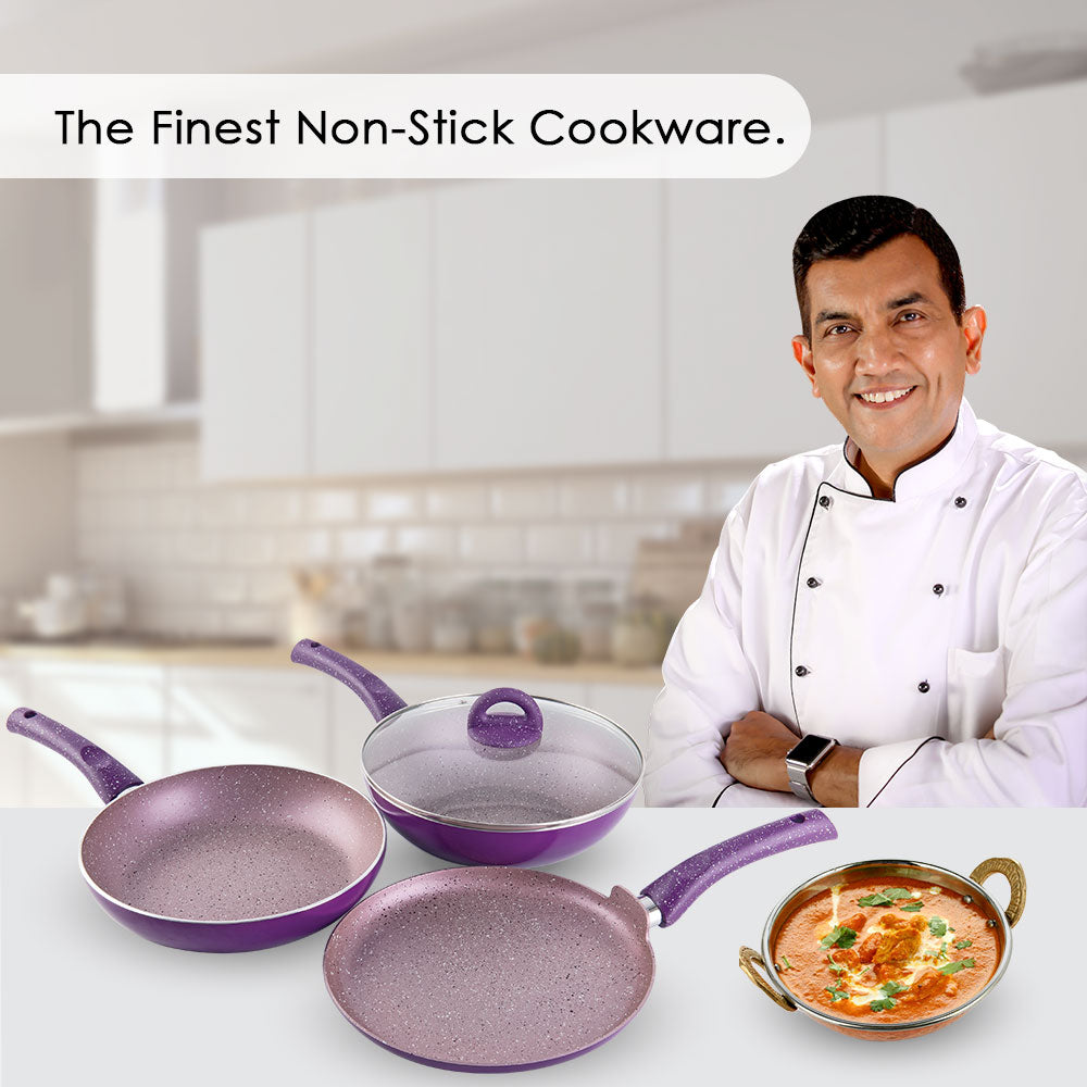 Granite Non-stick Cookware Set, 4Pc (Frying Pan With Lid, Wok, Dosa Tawa), Induction Bottom, Soft-Touch Handles, Pure Grade Aluminium, PFOA, 3.5mm, 2 Years Warranty, Purple