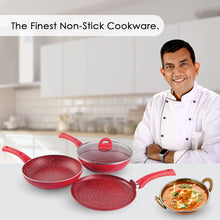 Load image into Gallery viewer, Granite Non-stick Cookware Set, 4Pc (Frying Pan With Lid, Wok, Dosa Tawa), Induction Bottom, Pure Grade Aluminium, PFOA, 3.5mm, 2 Years Warranty, Red