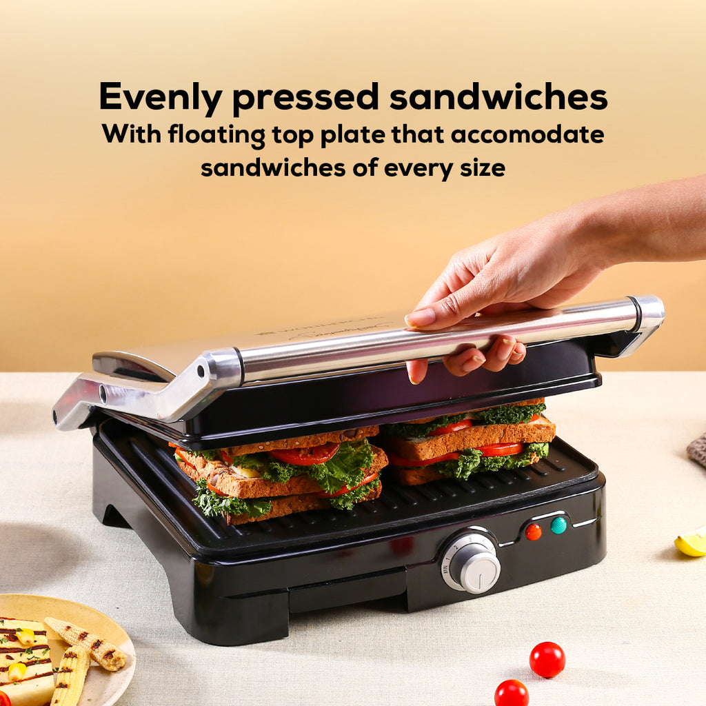 Sanjeev Kapoor Tandoor Professional Plus, Electric Griller, Toaster & Sandwich Maker | 3-in-1 | 1800 Watt | 180° Grilling | Adjustable Slope | Flexi Hinges | Healthy Non-Stick Coating | Cool Touch Handle | Auto Shut Off | 2 Year Warranty| Black & Silver