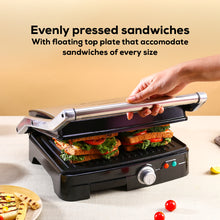 Load image into Gallery viewer, Sanjeev Kapoor Tandoor Professional Plus, Electric Griller, Toaster &amp; Sandwich Maker | 3-in-1 | 1800 Watt | 180° Grilling | Adjustable Slope | Flexi Hinges | Healthy Non-Stick Coating | Cool Touch Handle | Auto Shut Off | 2 Year Warranty| Black &amp; Silver