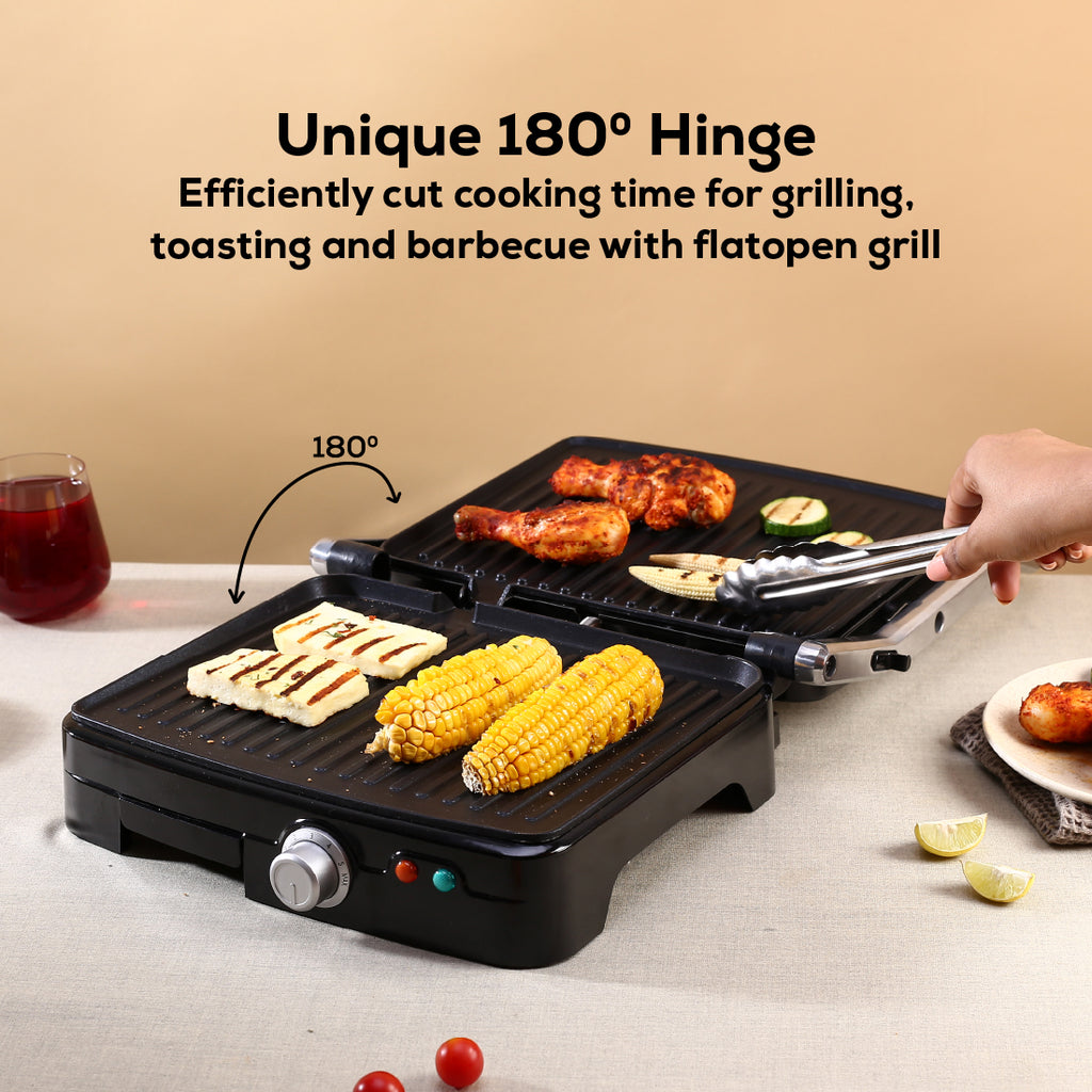 Sanjeev Kapoor Tandoor Professional Plus, Electric Griller, Toaster & Sandwich Maker | 3-in-1 | 1800 Watt | 180° Grilling | Adjustable Slope | Flexi Hinges | Healthy Non-Stick Coating | Cool Touch Handle | Auto Shut Off | 2 Year Warranty| Black & Silver