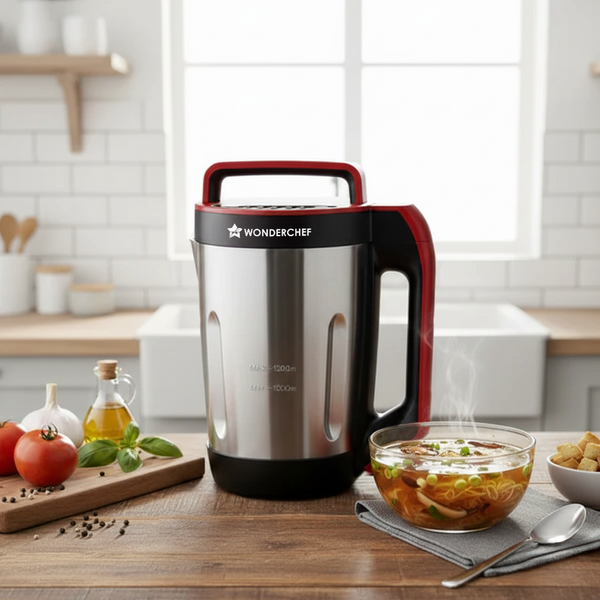 NEO Automatic Soup Maker | 1.6 Litre | 900W Heater | Stainless Steel Blades  | Stainless Steel Jug | 5 Pre-Set Functions | Red |  Black | Steel | One Touch Operation | Touch Control Panel | 30 Minute Cook Time | 2 Years Warranty